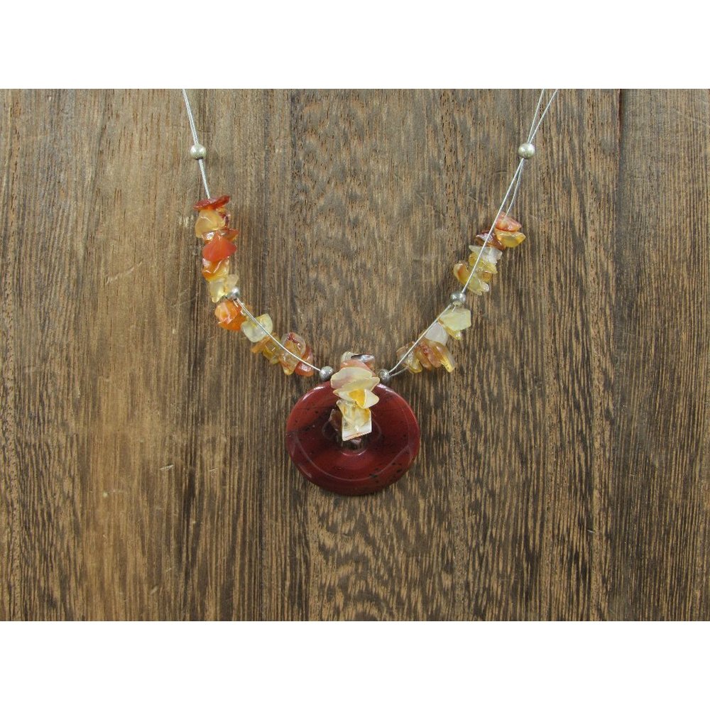 16" Sterling Silver Maroon Stone And Citrine Chips Necklace Vintage Minimalist